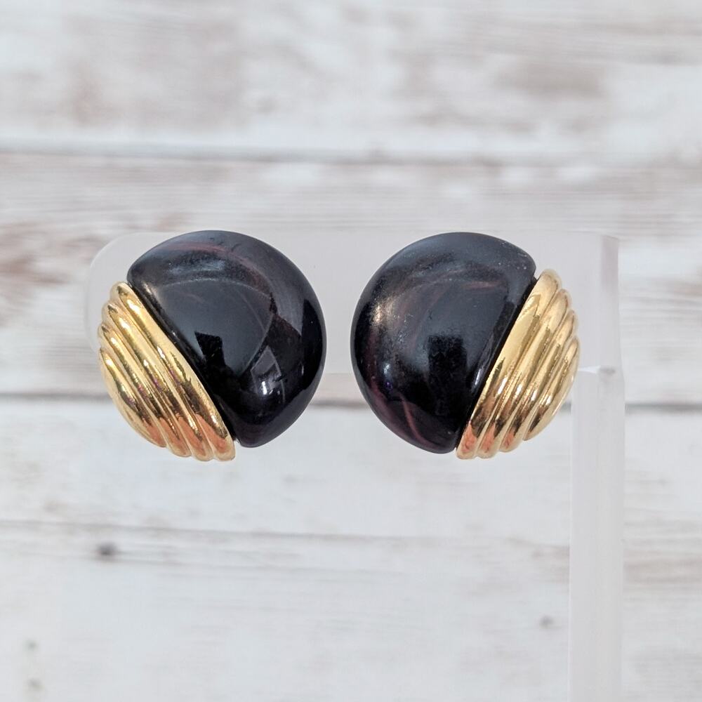 Vintage Clip On Earrings Dark & Gold Tone Retro Statement